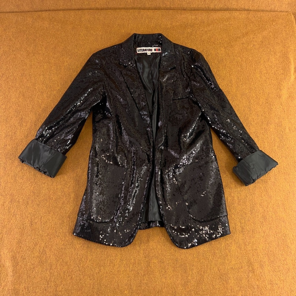 Literature Noir Womens Size Medium Black Sequin Two Pocket Blazer
